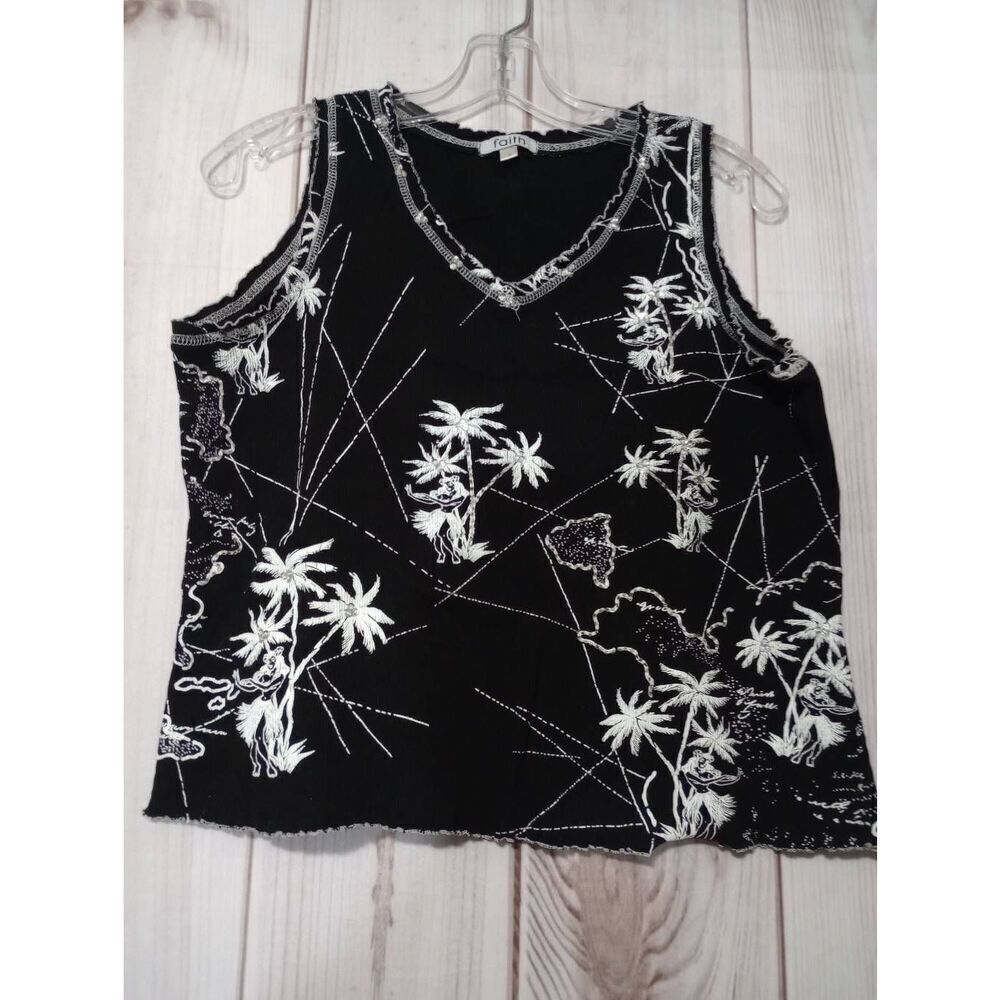 Faith Shirt Ladies Large Black Sleeveless Resort Tropical‎